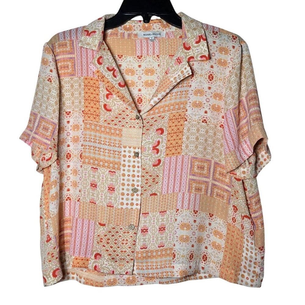 Rose + Olive Women Patchwork Button-Up Top Size Large Sheer Cottage Boho Quilted